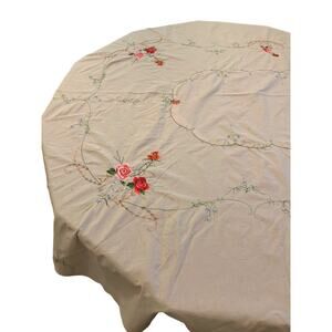 Handmade Tablecloth Oval 96"x62" Beige Machine Embroidery Pink Roses Tendrils